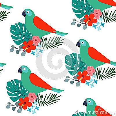 Tropical jungle seamless pattern with parrot bird, palm leaves and hibiscus flowers. Flat design, vector illustration Vector Illustration