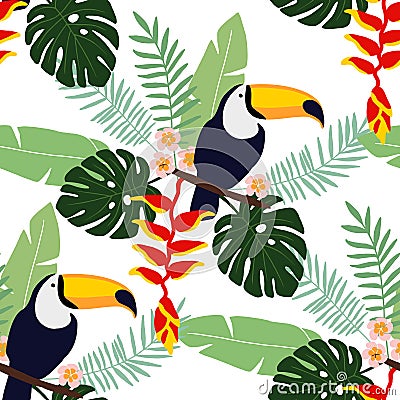 Tropical jungle seamless pattern with toucan bird, heliconia and plumeria flowers and palm leaves, flat design, Vector Illustration