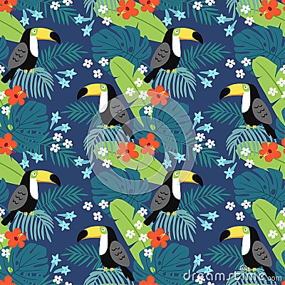 Tropical jungle seamless pattern with toucan bird, hibiscus flowers and palm leaves. Flat design, vector illustration Vector Illustration