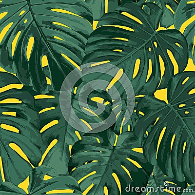 Tropical jungles background. Seamless pattern with green monstera leaves Vector Illustration