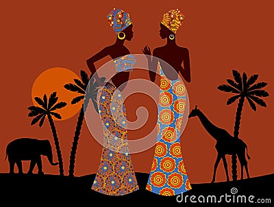 Tropical landscape. Beautiful black woman. African savannah Vector Illustration