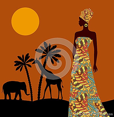 Tropical landscape. Beautiful black woman. African savannah Vector Illustration