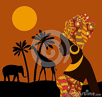 Tropical landscape. Beautiful black woman. African savannah card Vector Illustration