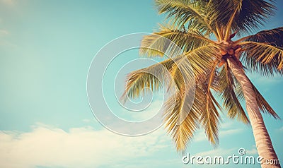 Tropical landscape featuring a prominent palm tree under a vast blue expanse. Created with AI Stock Photo