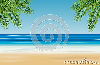 Tropical landscape with sea, sandy beach and palm trees - vector Vector Illustration