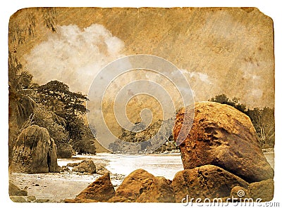 Tropical landscape, Seychelles. Old postcard. Stock Photo