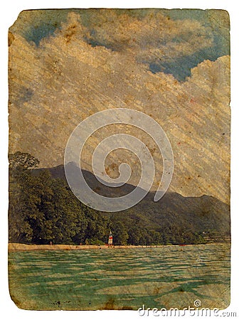 Tropical landscape, Seychelles. Old postcard. Stock Photo