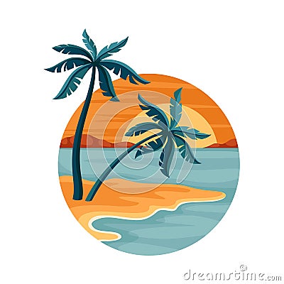 Tropical Landscape with Sundown and Sandy Beach with Palm Tree in Circle Closeup Vector Illustration Vector Illustration