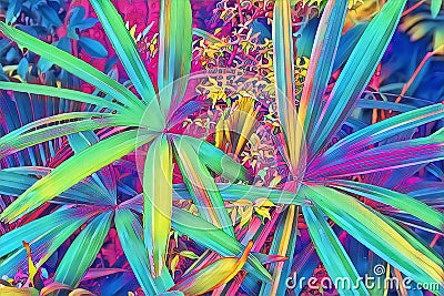 Tropical leaf top view. Neon palm leaf in exotic garden digital illustration. Cartoon Illustration