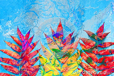 Tropical leaves on abstract background with mixed acrylic paints. Design Trend: Psych Out. Free form flow. Stock Photo