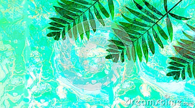 Tropical leaves on abstract background with mixed acrylic paints. Design Trend: Psych Out. Free form flow. Creative copy Stock Photo