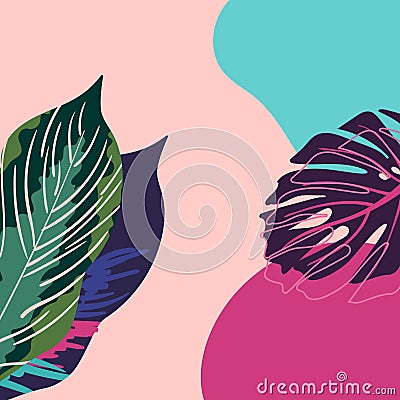 Tropical leaves in background. Monstera and exotic decorative elements. Abstract wallpaper for social media for stories Vector Illustration