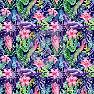 Tropical Leaves, birds watercolor Illustration. Jungle seamless pattern, floral background. Exotic tropics design. Cartoon Illustration