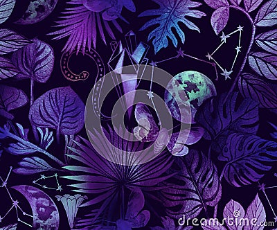 Tropical leaves with butterfly and moon Stock Photo