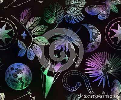 Tropical leaves with butterfly and moon Stock Photo