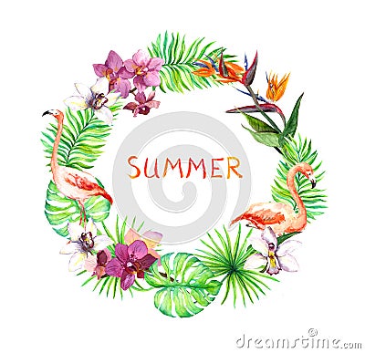 Tropical leaves, exotic flamingo birds, orchid flowers. Wreath border. Watercolor Stock Photo