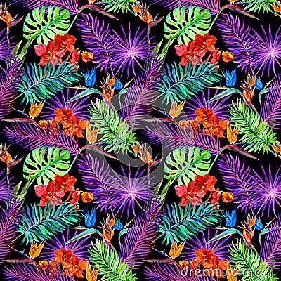 Tropical leaves, exotic flowers in neon glow. Repeating hawaiian pattern. Watercolor Stock Photo