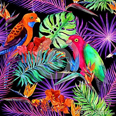 Tropical leaves, exotic flowers, parrot birds in neon. Repeating jungle pattern. Watercolour Stock Photo