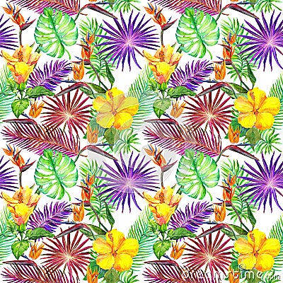 Tropical leaves, exotic flowers. Seamless jungle pattern. Watercolor Stock Photo