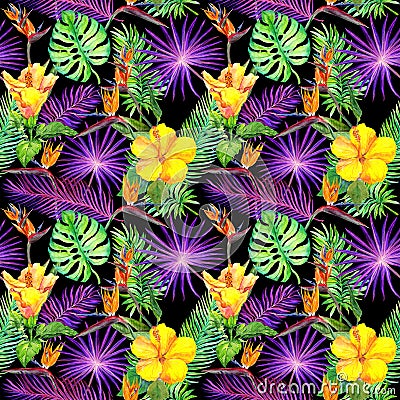 Tropical leaves, exotic flowers. Seamless pattern on black background. Watercolor Stock Photo