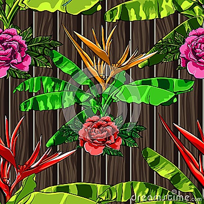 Tropical leaves and exotic flowers on wooden background. White zigzag. Exotic seamless pattern. Vector botanical print Vector Illustration