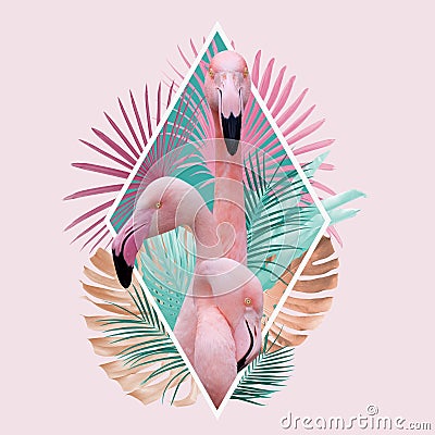 Tropical leaves flamingo design in light pink, golden and golden colors Stock Photo