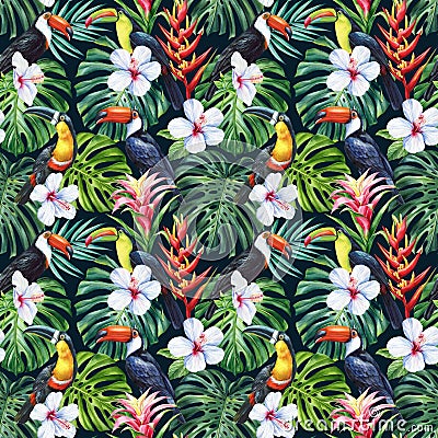 Tropical leaves, flower and toucan, jungle seamless pattern, watercolor illustration, flora background, trendy colors Cartoon Illustration