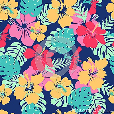 tropical leaves and flowers hibiscus flower hawaii summer background. Vector Illustration