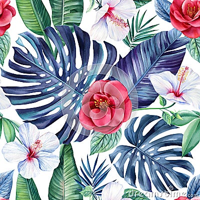 Tropical Leaves, flowers hibiscus, watercolor Illustration. jungle seamless pattern, floral background. Exotic design. Cartoon Illustration