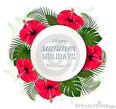 Tropical leaves and flowers with a summer holidays banner. Stock Photo