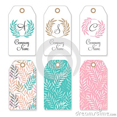 Tropical leaves, foliage wreath, patterned labels Vector Illustration