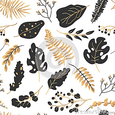 Tropical leaves gold black seamless pattern vector Vector Illustration