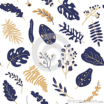 Tropical leaves gold blue seamless pattern vector Vector Illustration