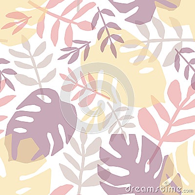 Tropical leaves hand drawn vector seamless pattern. Jungle, rainforest flora flat background. Exotic trees leafage Vector Illustration