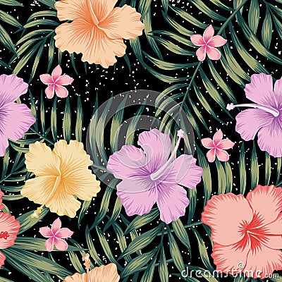 Tropical leaves hibiscus frangipani seamless black background Vector Illustration