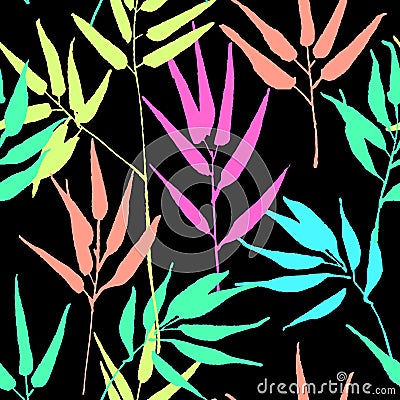 Tropical leaves, jungle pattern. Seamless acid colors botanical pattern. Vector background. Contrast tropical backdrop. Vector Illustration