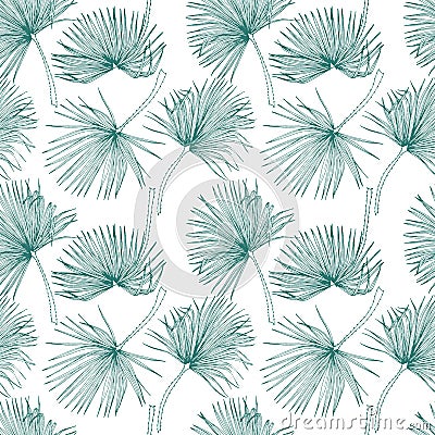 Tropical leaves, jungle pattern. Seamless, detailed, botanical pattern. Vector background. Palm leaves. Vector Illustration