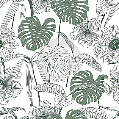 Tropical leaves, jungle leaves seamless vector floral pattern background Vector Illustration