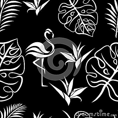 Tropical leaves of monstera, fern, strelitzia flower and flamingo seamless pattern on a black background Cartoon Illustration