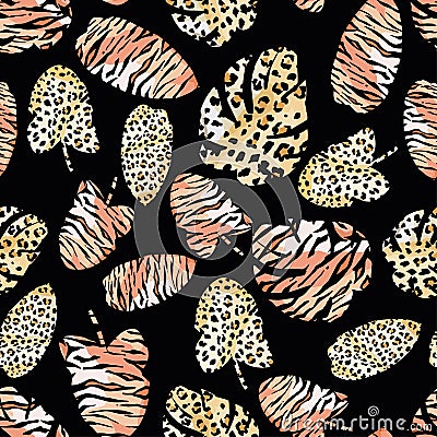 Tropical leaves painted tiger leopard skin seamless black background Vector Illustration