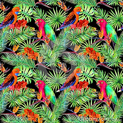 Tropical leaves, parrot birds, exotic flowers. Seamless jungle pattern on black background. Watercolor Stock Photo