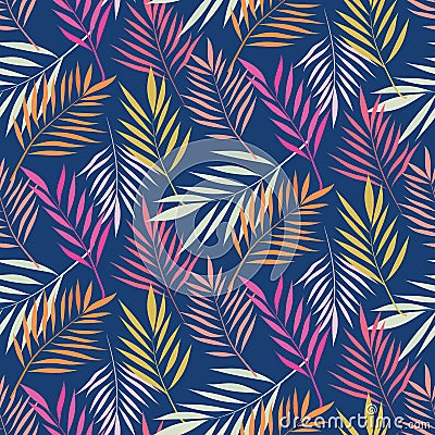Beautiful tropical palm leaves seamless pattern in pink, red, coral, yellow and off white on navy blue background. Vector Illustration