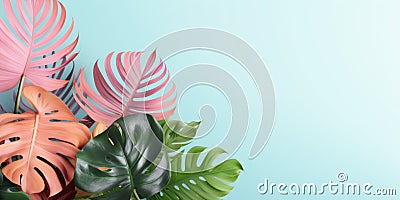 Tropical leaves pattern foliage, monstera leaves frame layout, background for summer banner, Stock Photo