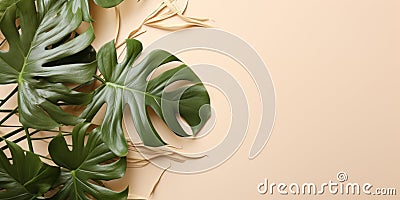 Tropical leaves pattern foliage, monstera leaves frame layout, background for summer banner, Stock Photo