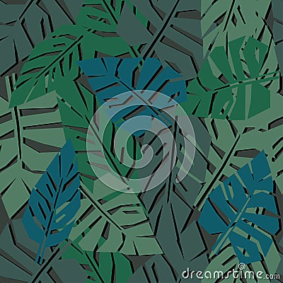 Tropical leaves seamless pattern on dark background. green palm leaves background. Vector Illustration