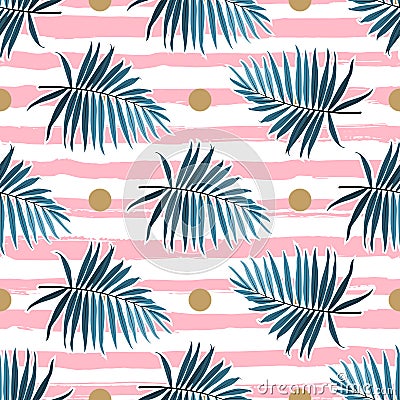 Tropical leaves seamless pattern, Green palm fronds on a pink striped background. Vector illustration Vector Illustration