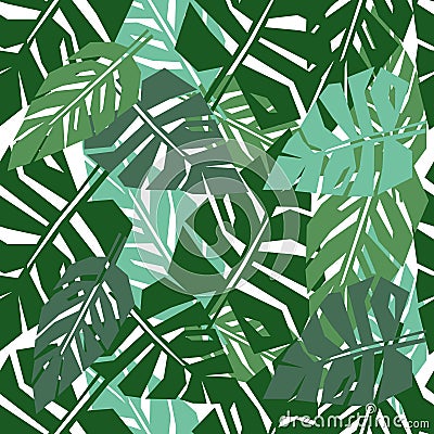 Tropical leaves seamless pattern. Green palm leaves background. Vector Illustration