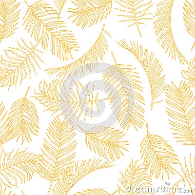 Tropical leaves sketch pattern. Hand drawn gold palm tree foliage background. Exotic rainforest foliage vector seamless Vector Illustration