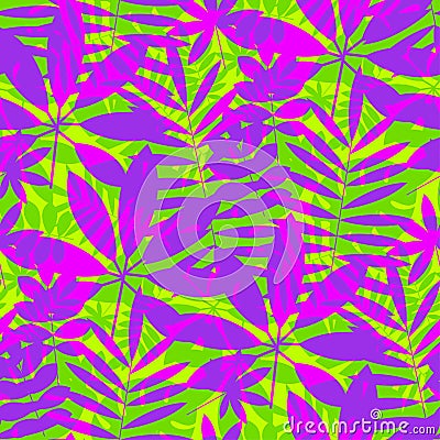 Tropical leaves in vivid violet and green colors Vector Illustration