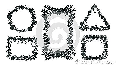 Tropical liana frames silhouettes. Cartoon climbing plants borders, creepers branch frame. Rainforest liana flat vector Vector Illustration